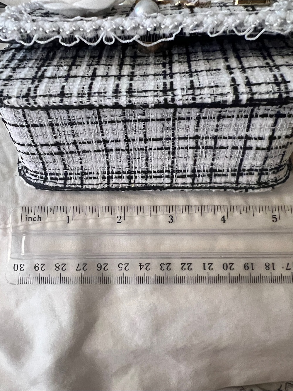 Top Handle pearl white black tweed lace Camellia flower mini bag purse n5 - Picture 11 of 13